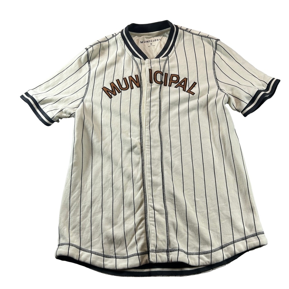Municipal Jersey Mens Size M White Pinstripe Fleece Lined Baseball Style Shirt